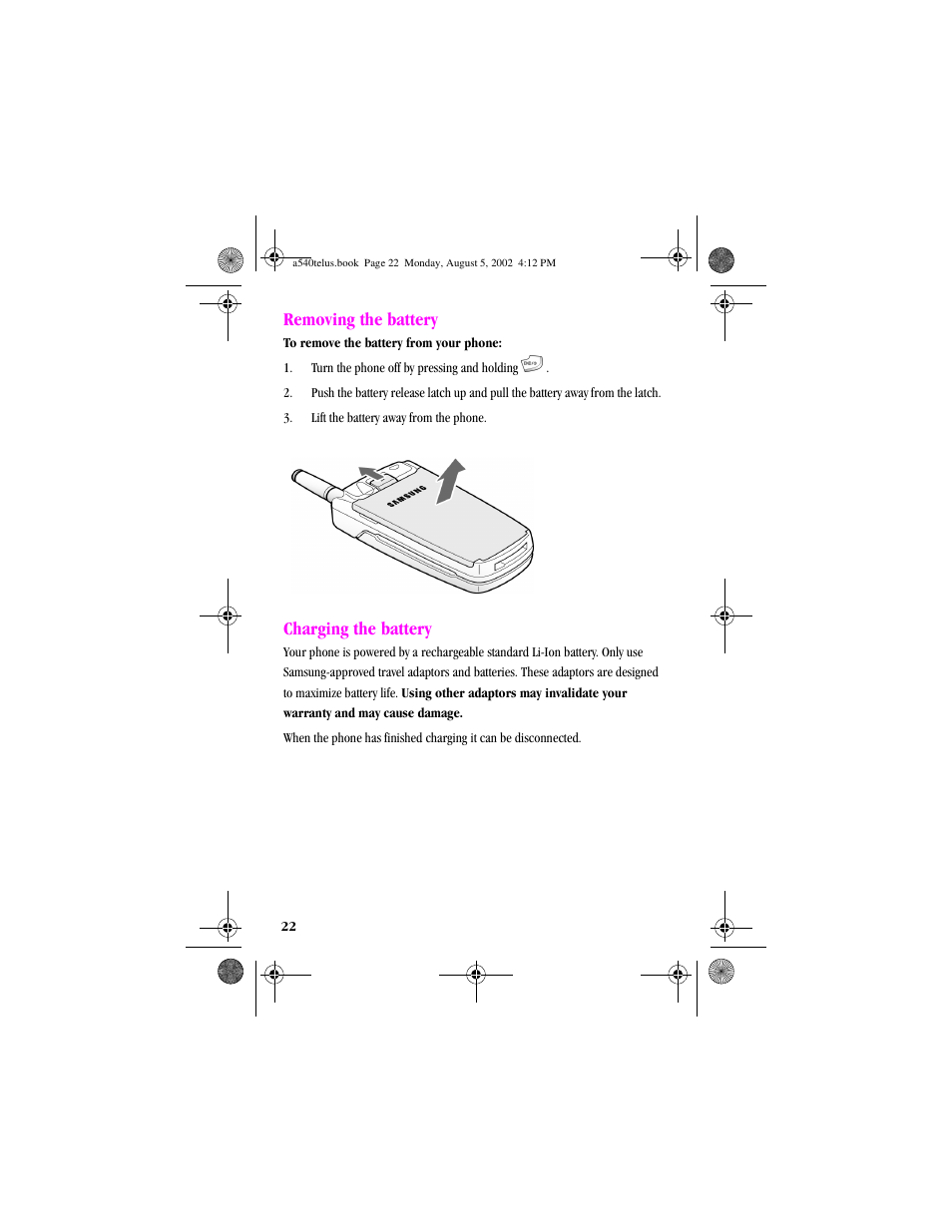 Heading2 - removingthebattery, Heading2 - chargingthebattery, Removing the battery charging the battery | Removing the battery, Charging the battery | Samsung SPH-A540 User Manual | Page 22 / 124