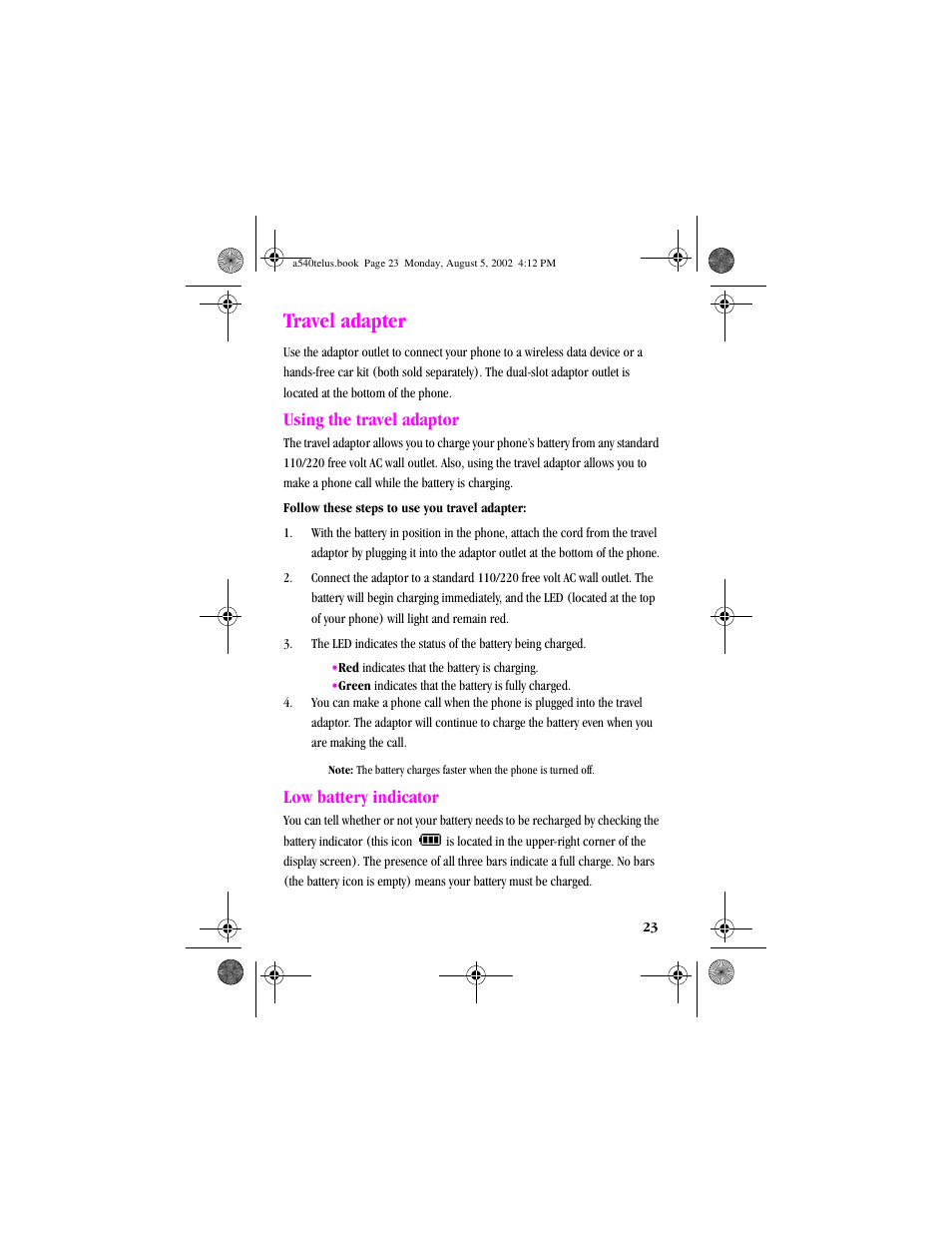 Heading1 - travel adapter, Heading2 - using the travel adaptor, Heading2 - low battery indicator | Travel adapter, Using the travel adaptor low battery indicator, Using the travel adaptor, Low battery indicator | Samsung SPH-A540 User Manual | Page 23 / 124