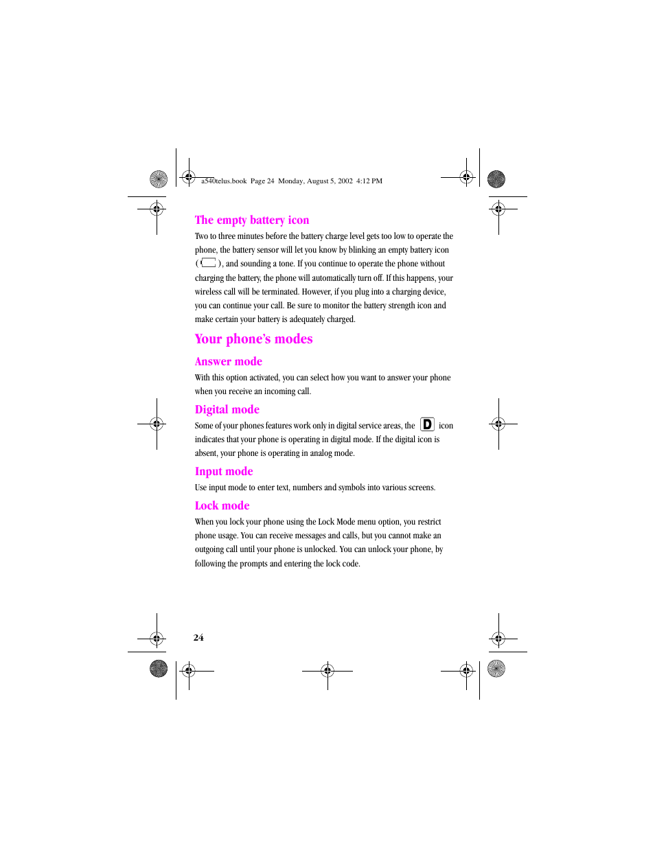 Heading2 - the empty battery icon, Heading1 - your phone’smodes, Heading2 - answer mode | Heading2 - digital mode, Heading2 - input mode, Heading2 - lockmode, The empty battery icon, Your phone’s modes, Answer mode digital mode input mode lock mode | Samsung SPH-A540 User Manual | Page 24 / 124