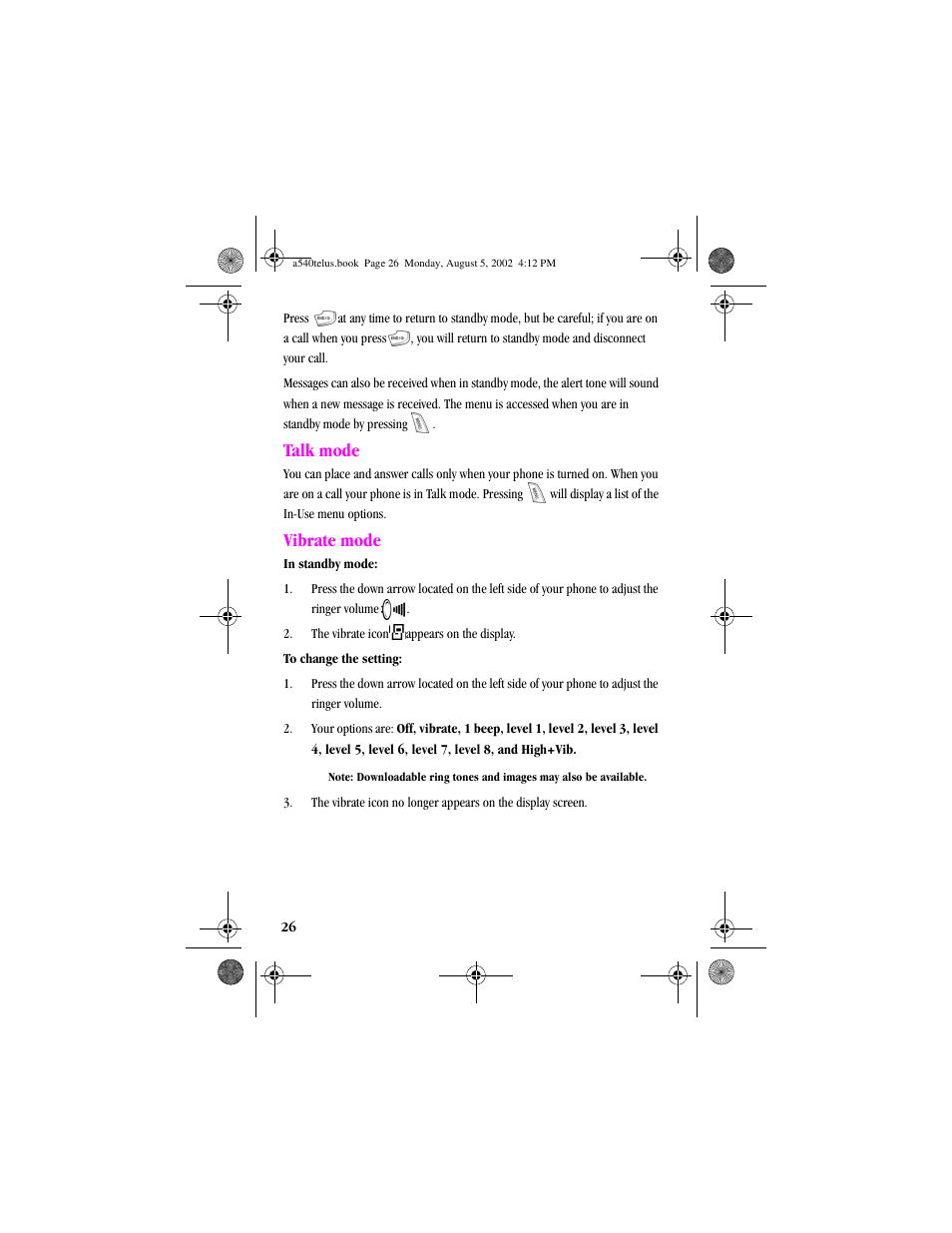 Heading2 - talkmode, Heading2 - vibrate mode, Talk mode vibrate mode | Talk mode, Vibrate mode | Samsung SPH-A540 User Manual | Page 26 / 124
