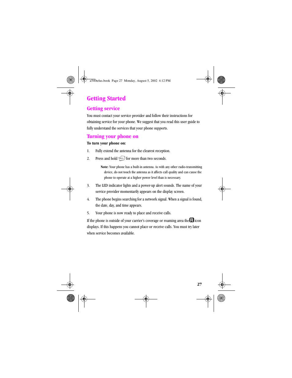 Heading1 - getting started, Heading2 - getting service, Heading2 - turningyourphoneon | Getting started, Getting service turning your phone on, Getting service, Turning your phone on | Samsung SPH-A540 User Manual | Page 27 / 124