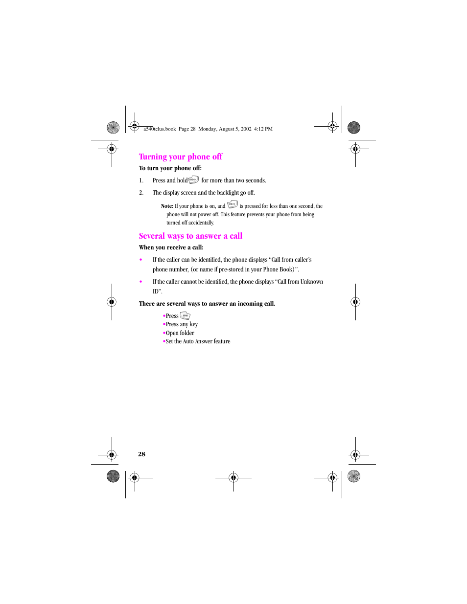 Heading2 - turning your phone off, Heading2 - several ways to answer a call, Turning your phone off | Several ways to answer a call | Samsung SPH-A540 User Manual | Page 28 / 124