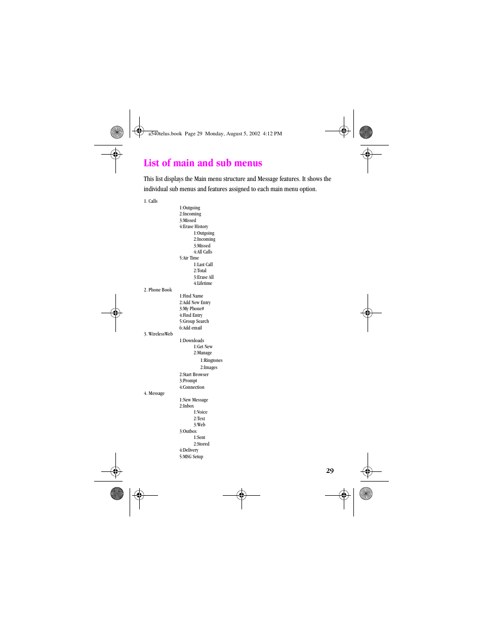Heading1 - list of main and sub menus, List of main and sub menus | Samsung SPH-A540 User Manual | Page 29 / 124