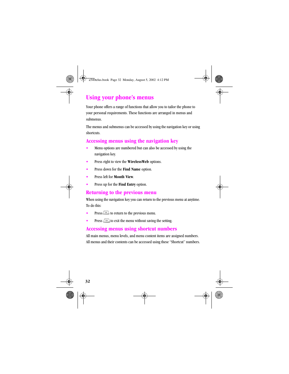 Heading1 - using your phone’s menus, Heading2 - returning to the previous menu, Heading2 - accessing menus using shortcut numbers | Using your phone’s menus, Accessing menus using the navigation key, Returning to the previous menu, Accessing menus using shortcut numbers | Samsung SPH-A540 User Manual | Page 32 / 124