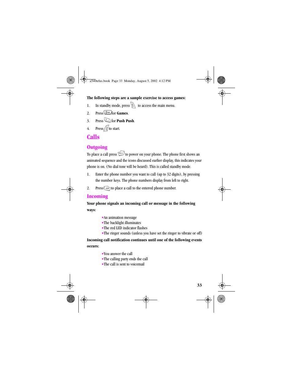 Heading1 - calls, Heading2 - outgoing, Heading2 - incoming | Calls, Outgoing incoming, Outgoing, Incoming | Samsung SPH-A540 User Manual | Page 33 / 124
