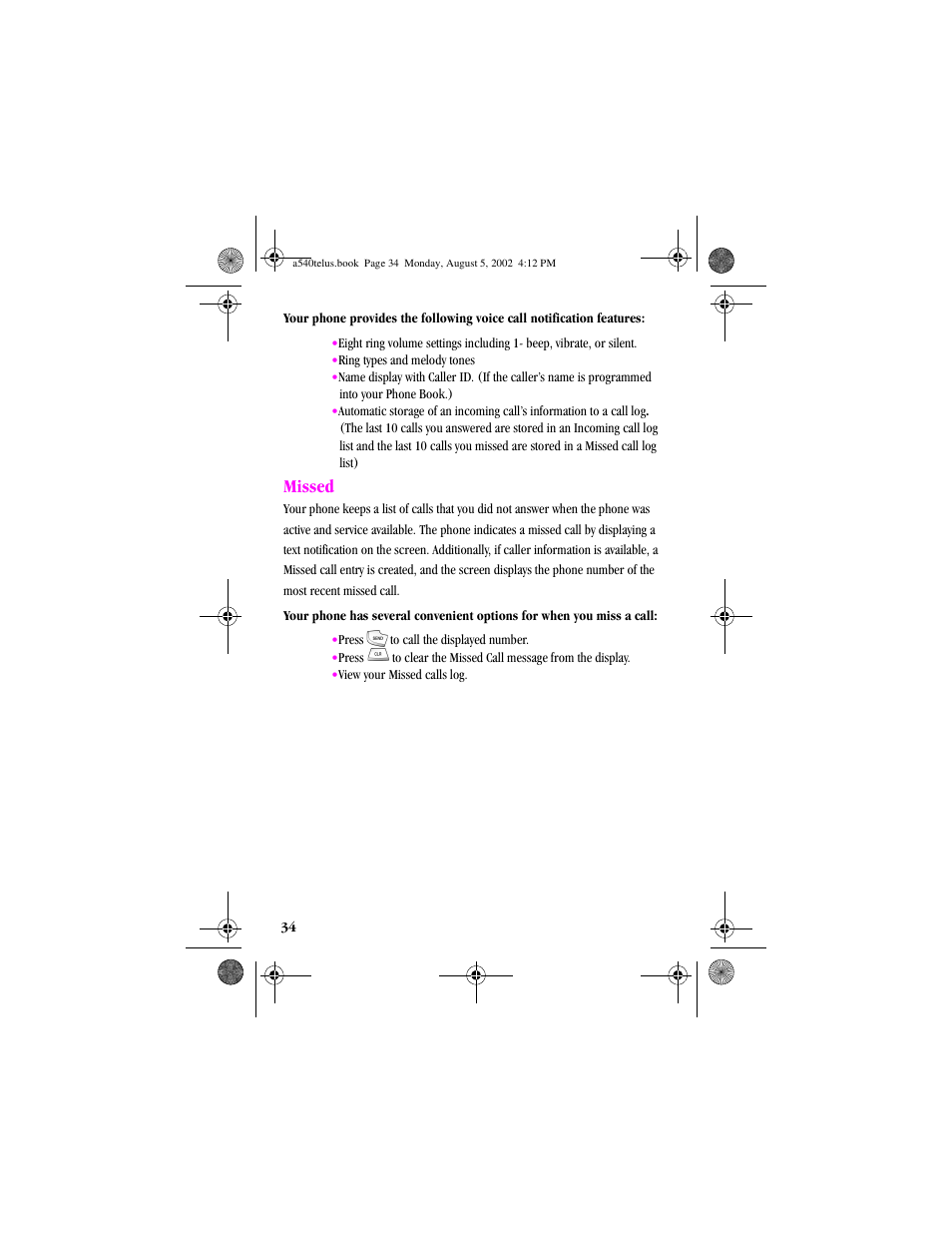 Heading2 - missed, Missed | Samsung SPH-A540 User Manual | Page 34 / 124