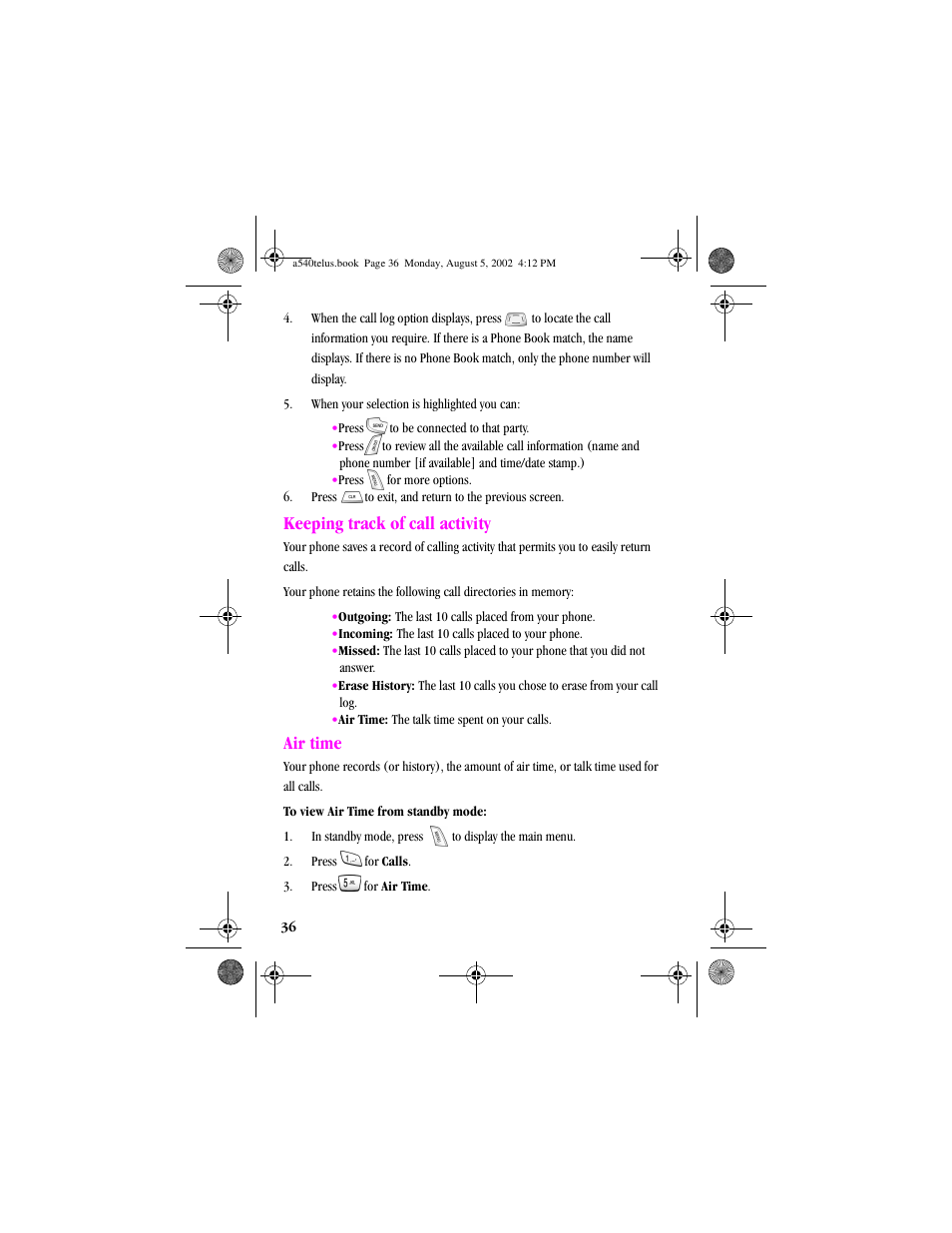 Heading2 - keeping track of call activity, Heading2 - air time, Keeping track of call activity air time | Keeping track of call activity, Air time | Samsung SPH-A540 User Manual | Page 36 / 124