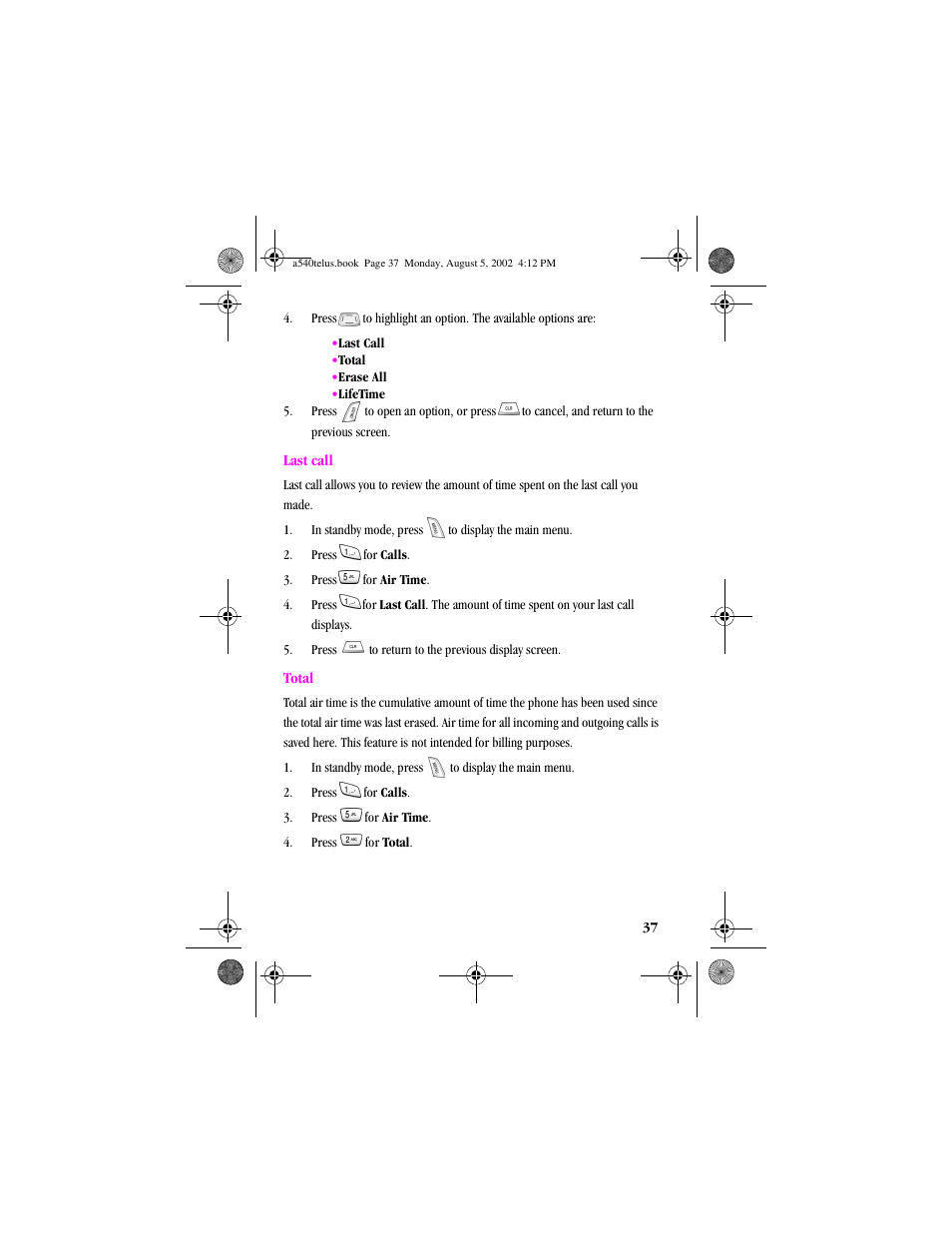 Last call total | Samsung SPH-A540 User Manual | Page 37 / 124