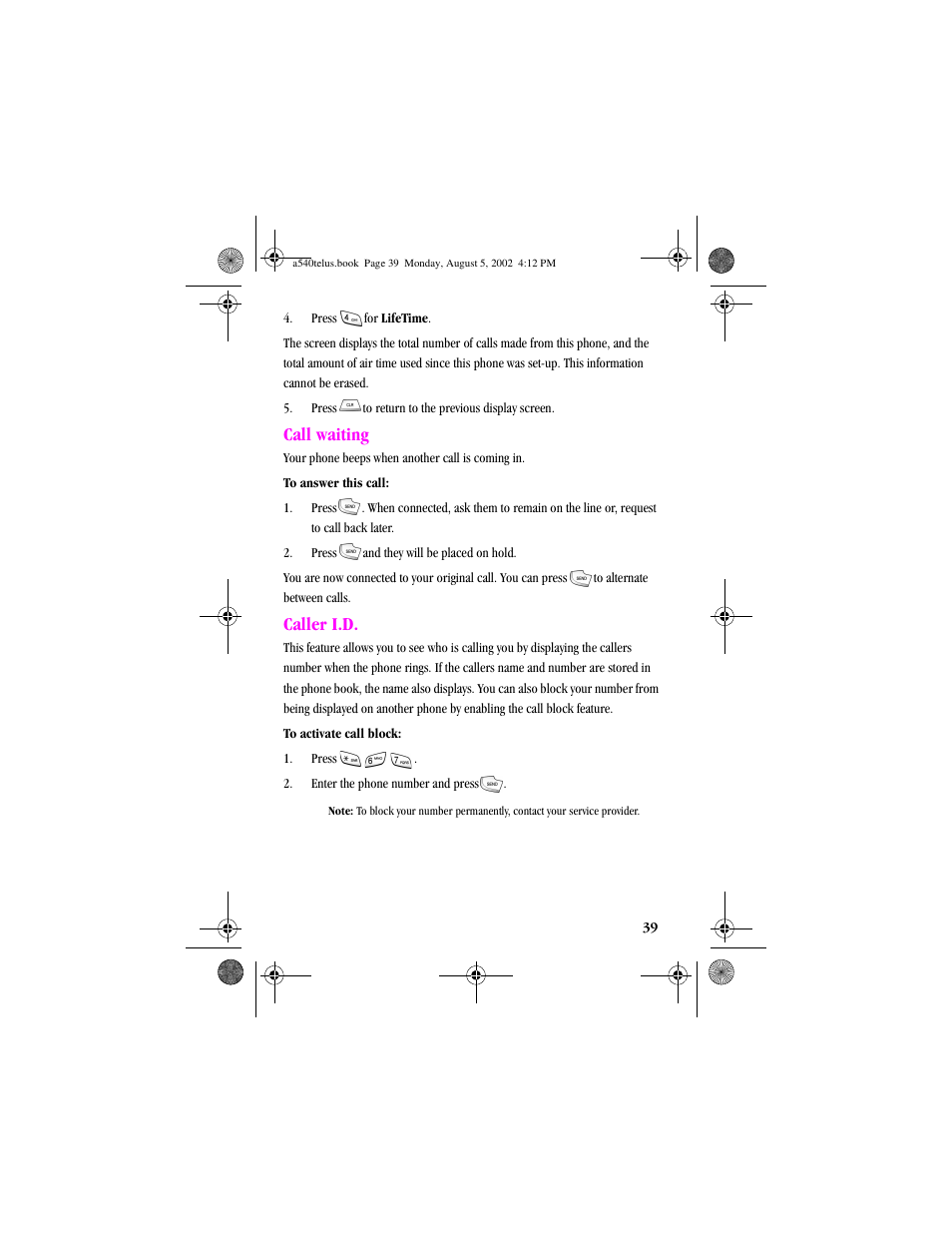 Heading2 - call waiting, Heading2 - caller i.d, Call waiting caller i.d | Call waiting, Caller i.d | Samsung SPH-A540 User Manual | Page 39 / 124