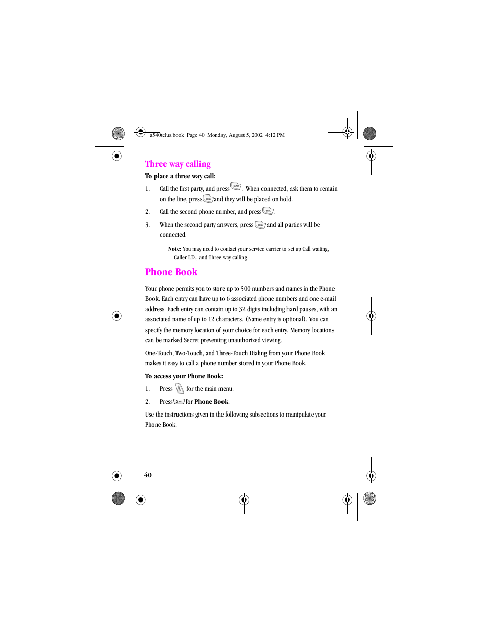 Heading2 - three way calling, Heading1 - phone book, Three way calling | Phone book | Samsung SPH-A540 User Manual | Page 40 / 124