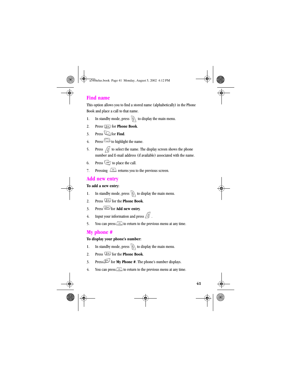 Heading2 - find name, Heading2 - add new entry, Heading2 - my phone | Find name add new entry my phone, Find name, Add new entry, My phone | Samsung SPH-A540 User Manual | Page 41 / 124