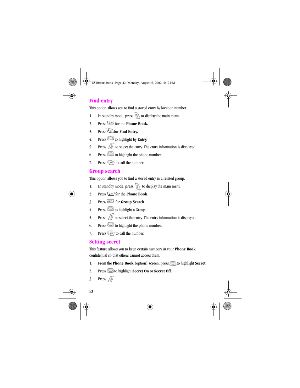 Heading2 - find entry, Numbered last - 7. pressto call the number, Heading2 - group search | Heading2 - setting secret, Find entry group search setting secret, Find entry, Group search, Setting secret | Samsung SPH-A540 User Manual | Page 42 / 124
