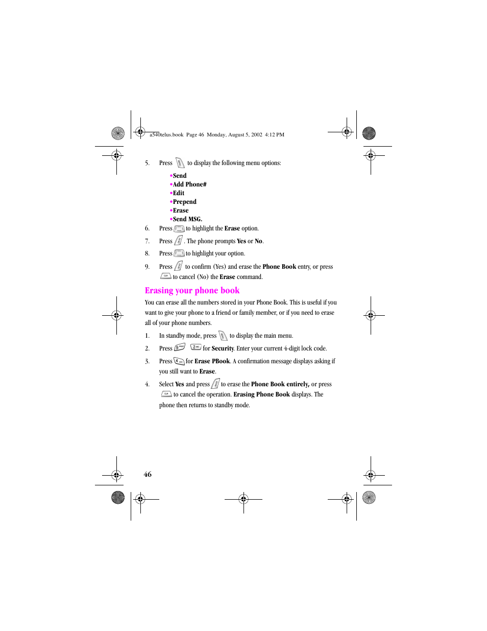 Heading2 - erasing your phone book, Erasing your phone book | Samsung SPH-A540 User Manual | Page 46 / 124