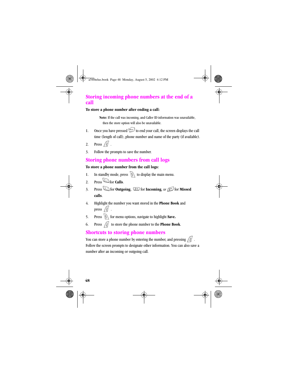 Heading2 - storing phone numbers from call logs, Heading2 - shortcuts to storing phone numbers, Storing phone numbers from call logs | Shortcuts to storing phone numbers | Samsung SPH-A540 User Manual | Page 48 / 124