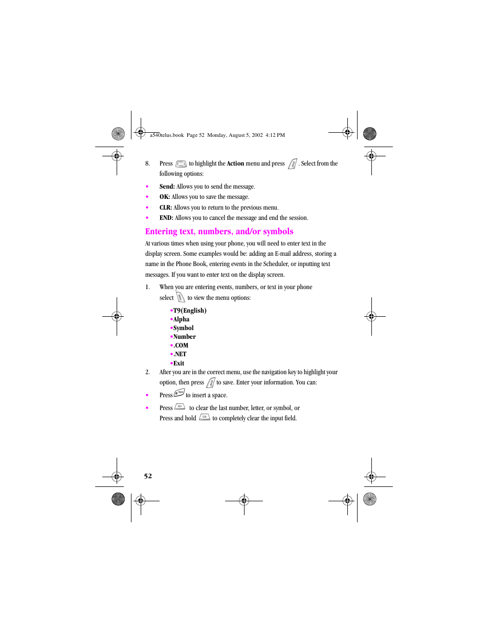 Heading2 - entering text, numbers, and/or symbols, Entering text, numbers, and/or symbols | Samsung SPH-A540 User Manual | Page 52 / 124