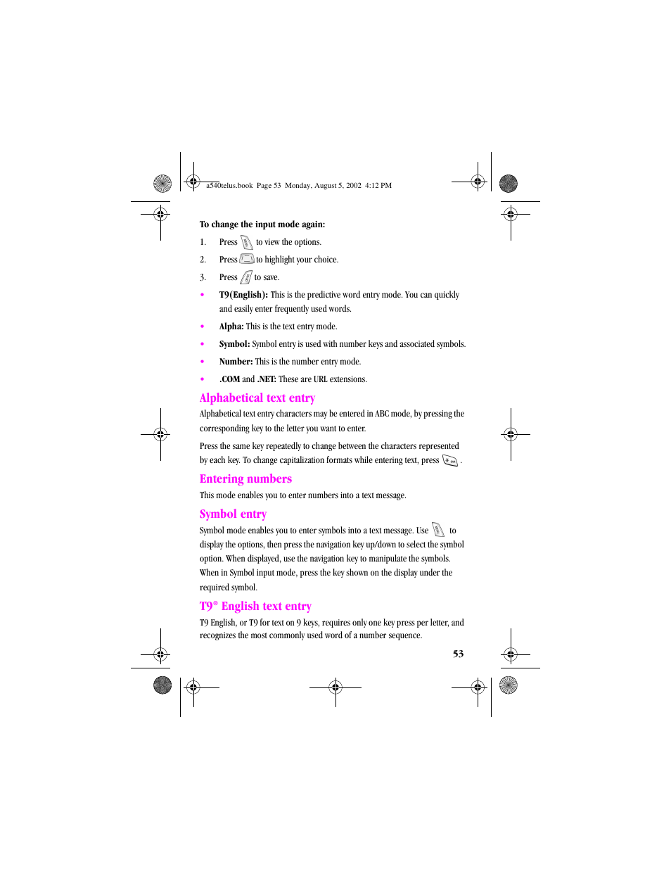 Numbered last - 3. pressto save, Heading2 - alphabetical text entry, Heading2 - entering numbers | Heading2 - symbol entry, Heading2 - t9® english text entry, Alphabetical text entry, Entering numbers, Symbol entry, English text entry | Samsung SPH-A540 User Manual | Page 53 / 124