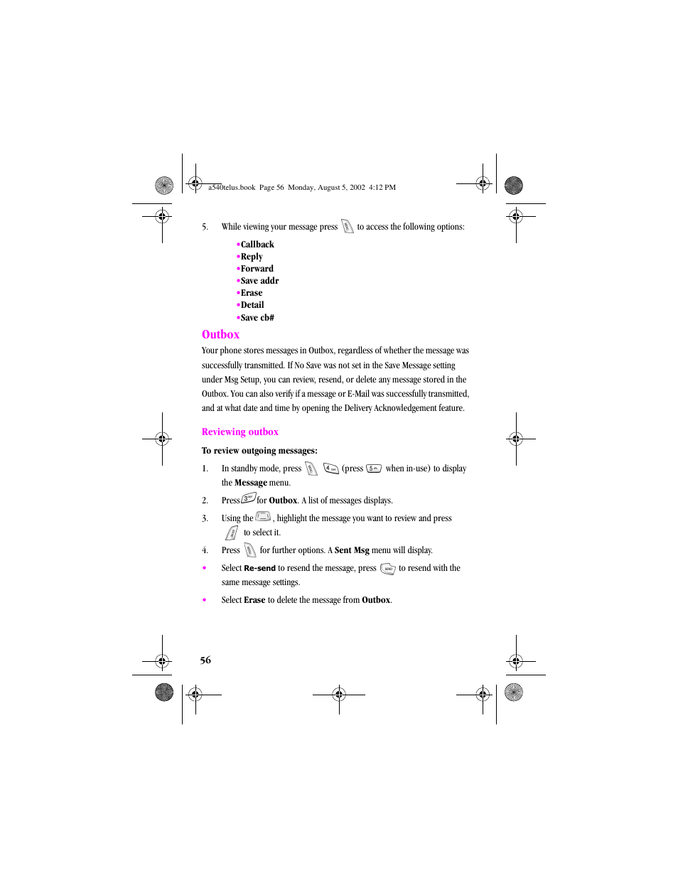 Heading2 - outbox, Outbox, Reviewing outbox | Samsung SPH-A540 User Manual | Page 56 / 124