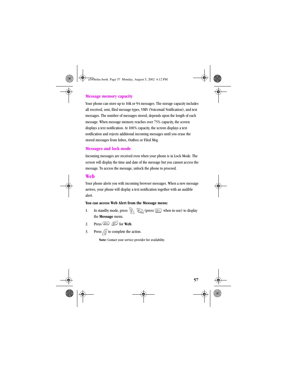 Heading2 - web, Message memory capacity messages and lock mode | Samsung SPH-A540 User Manual | Page 57 / 124