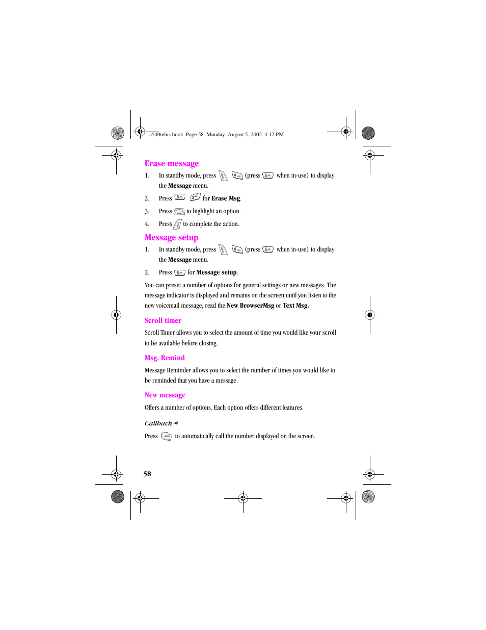 Heading2 - erase message, Heading2 - message setup, Numbered last - 2. pressfor message setup | Heading 4 - callback, Erase message message setup, Scroll timer, Msg. remind new message, Erase message, Message setup | Samsung SPH-A540 User Manual | Page 58 / 124