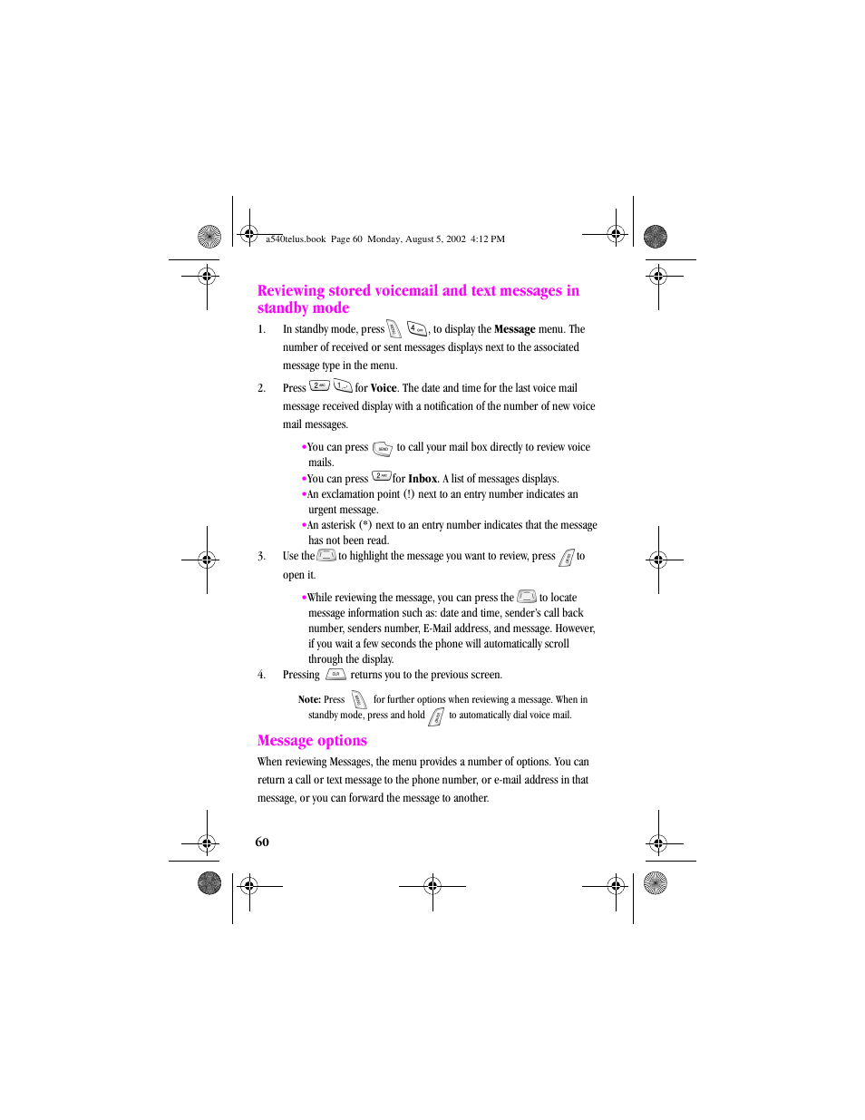 Heading2 - message options, Message options | Samsung SPH-A540 User Manual | Page 60 / 124