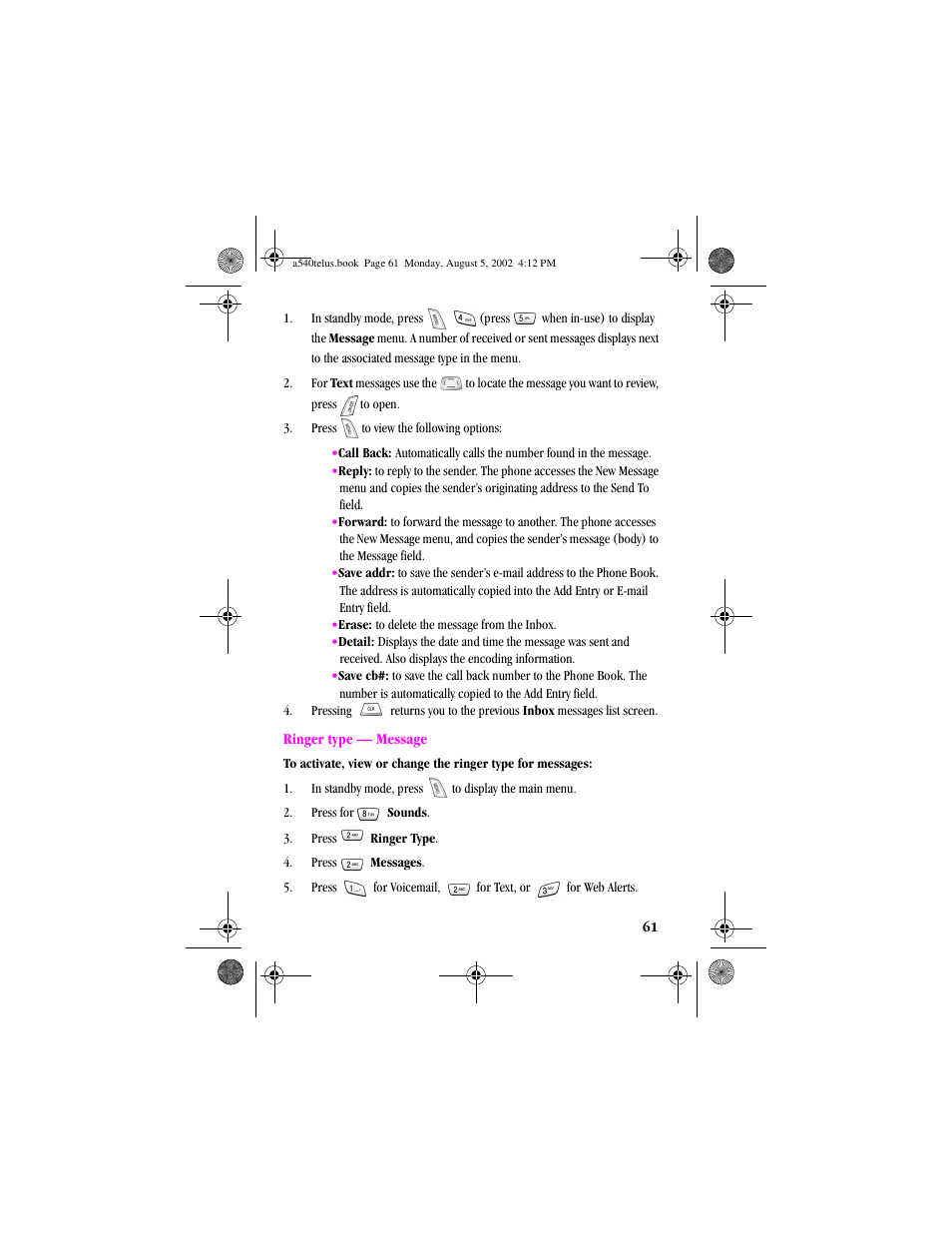 Ringer type — message | Samsung SPH-A540 User Manual | Page 61 / 124