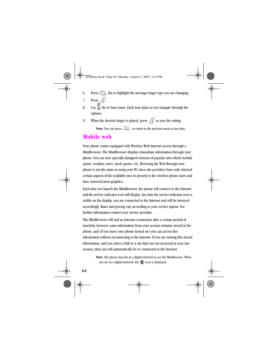 Heading1 - mobile web, Mobile web | Samsung SPH-A540 User Manual | Page 62 / 124