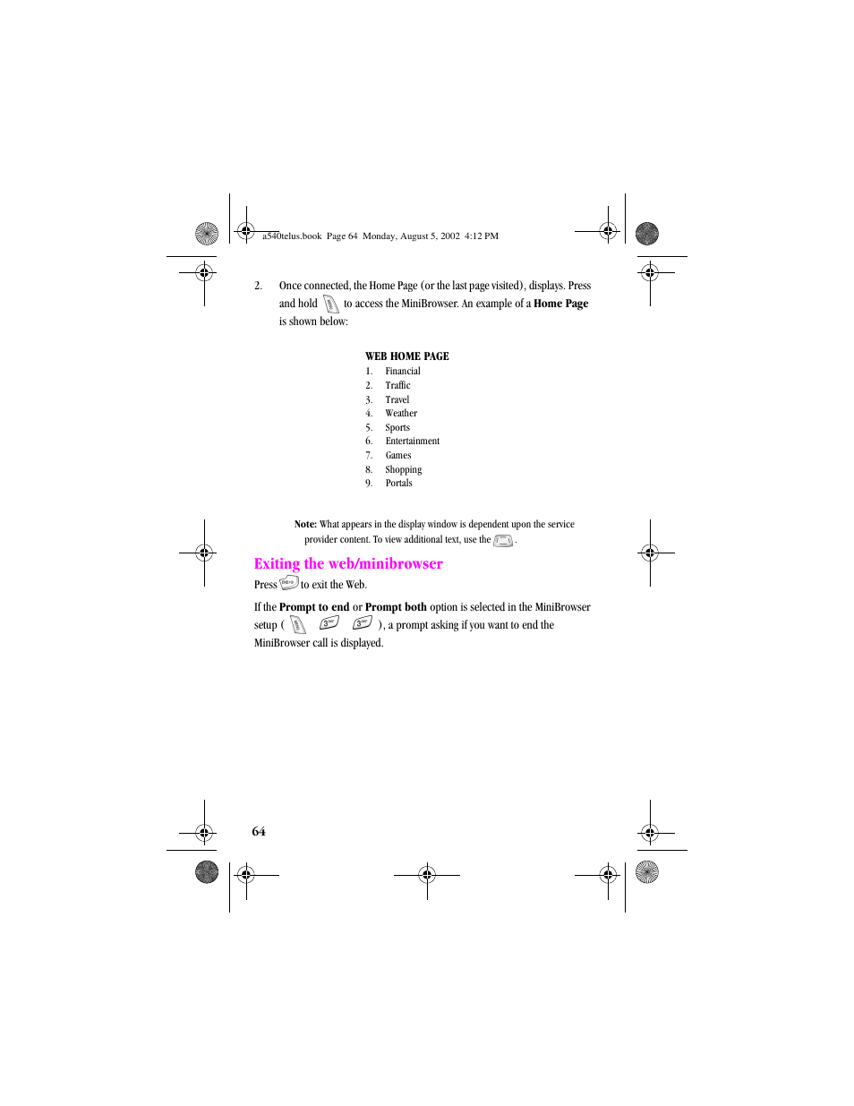 Heading2 - exiting the web/minibrowser, Exiting the web/minibrowser | Samsung SPH-A540 User Manual | Page 64 / 124