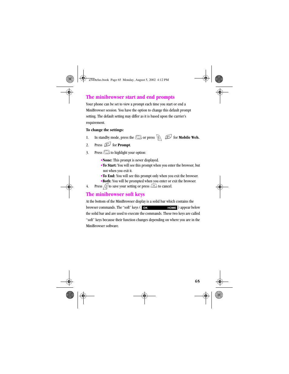 Heading2 - the minibrowser start and end prompts, Heading2 - the minibrowser soft keys, The minibrowser start and end prompts | The minibrowser soft keys | Samsung SPH-A540 User Manual | Page 65 / 124