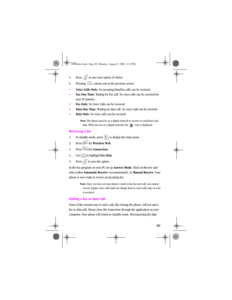 Receiving a fax ending a fax or data call | Samsung SPH-A540 User Manual | Page 69 / 124