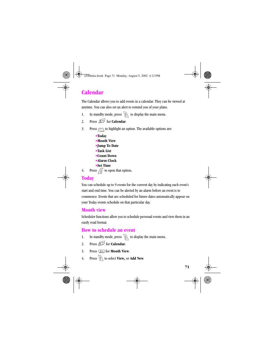 Heading1 - calendar, Numbered last - 4. pressto open that option, Heading2 - today | Heading2 - month view, Heading2 - how to schedule an event, Calendar, Today month view how to schedule an event, Today, Month view, How to schedule an event | Samsung SPH-A540 User Manual | Page 71 / 124