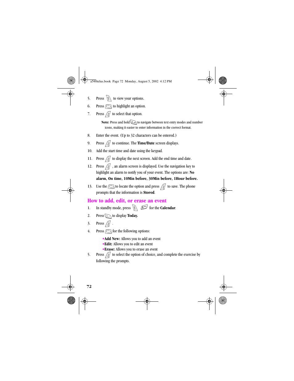 Heading2 - how to add, edit, or erase an event, How to add, edit, or erase an event | Samsung SPH-A540 User Manual | Page 72 / 124