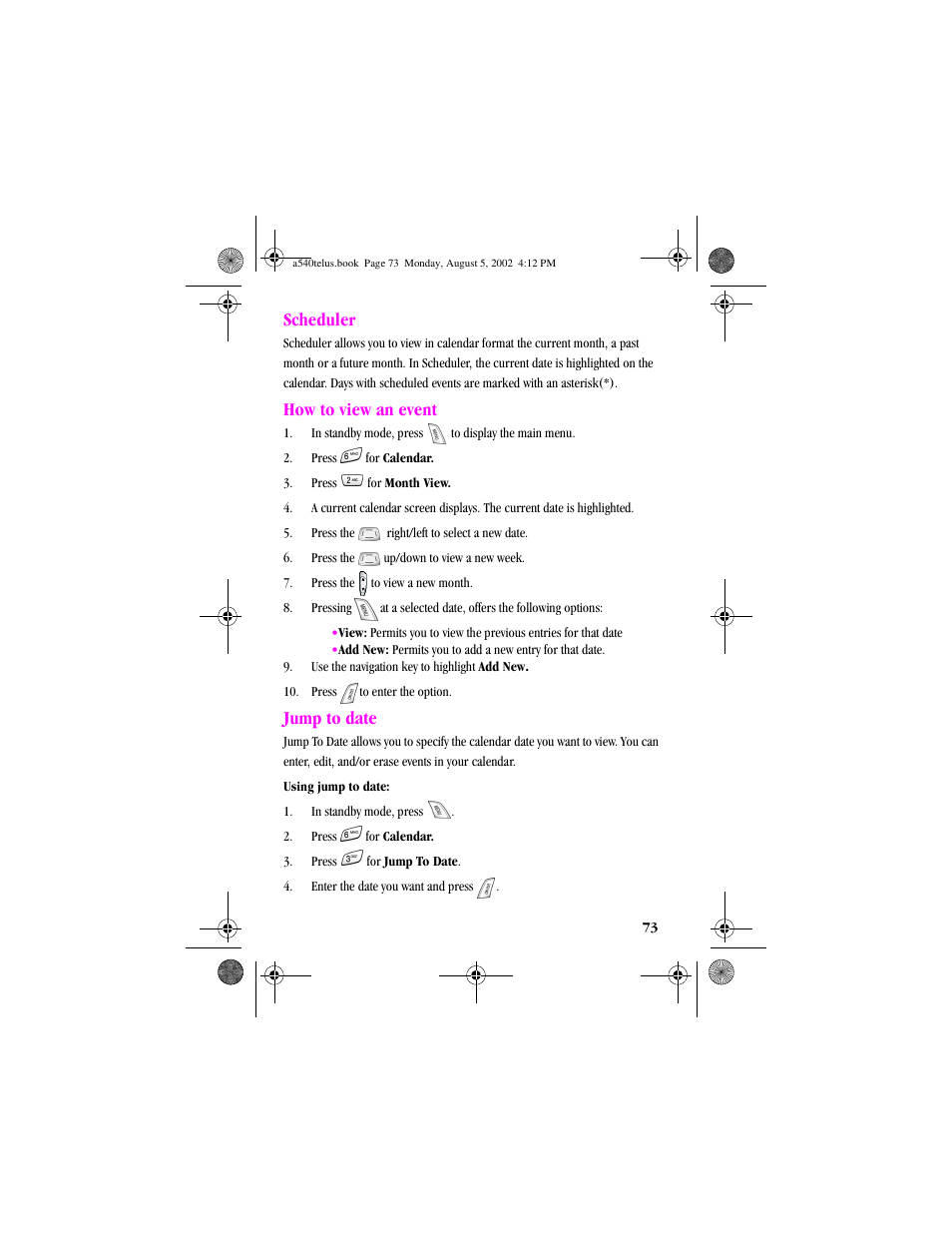 Heading2 - scheduler, Heading2 - how to view an event, Numbered last - 10. pressto enter the option | Heading2 - jump to date, Scheduler how to view an event jump to date, Scheduler, How to view an event, Jump to date | Samsung SPH-A540 User Manual | Page 73 / 124