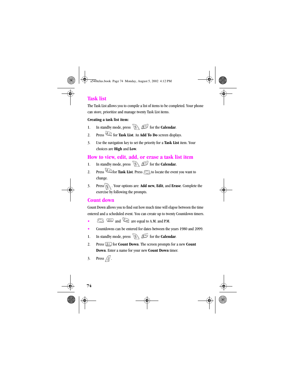 Heading2 - task list, Heading2 - count down, Task list | How to view, edit, add, or erase a task list item, Count down | Samsung SPH-A540 User Manual | Page 74 / 124