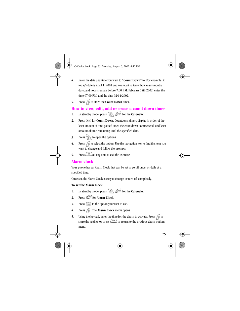 Heading2 - alarm clock, How to view, edit, add or erase a count down timer, Alarm clock | Samsung SPH-A540 User Manual | Page 75 / 124