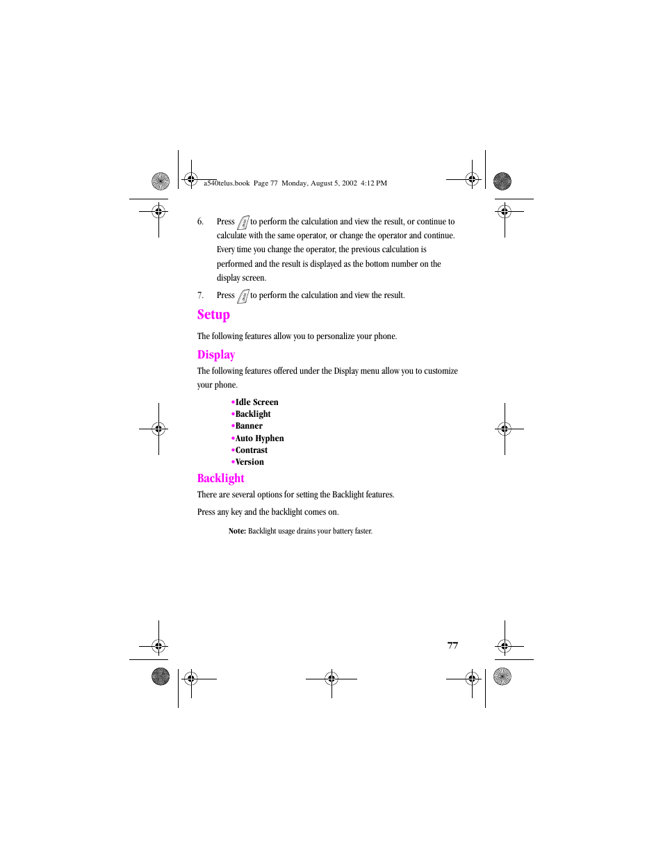 Heading1 - setup, Heading2 - display, Heading2 - backlight | Setup, Display backlight, Display, Backlight | Samsung SPH-A540 User Manual | Page 77 / 124