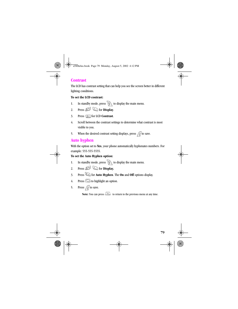 Heading2 - contrast, Heading2 - auto hyphen, Numbered last - 4. pressto highlight an option | Numbered last - 5. pressto save, Contrast auto hyphen, Contrast, Auto hyphen | Samsung SPH-A540 User Manual | Page 79 / 124