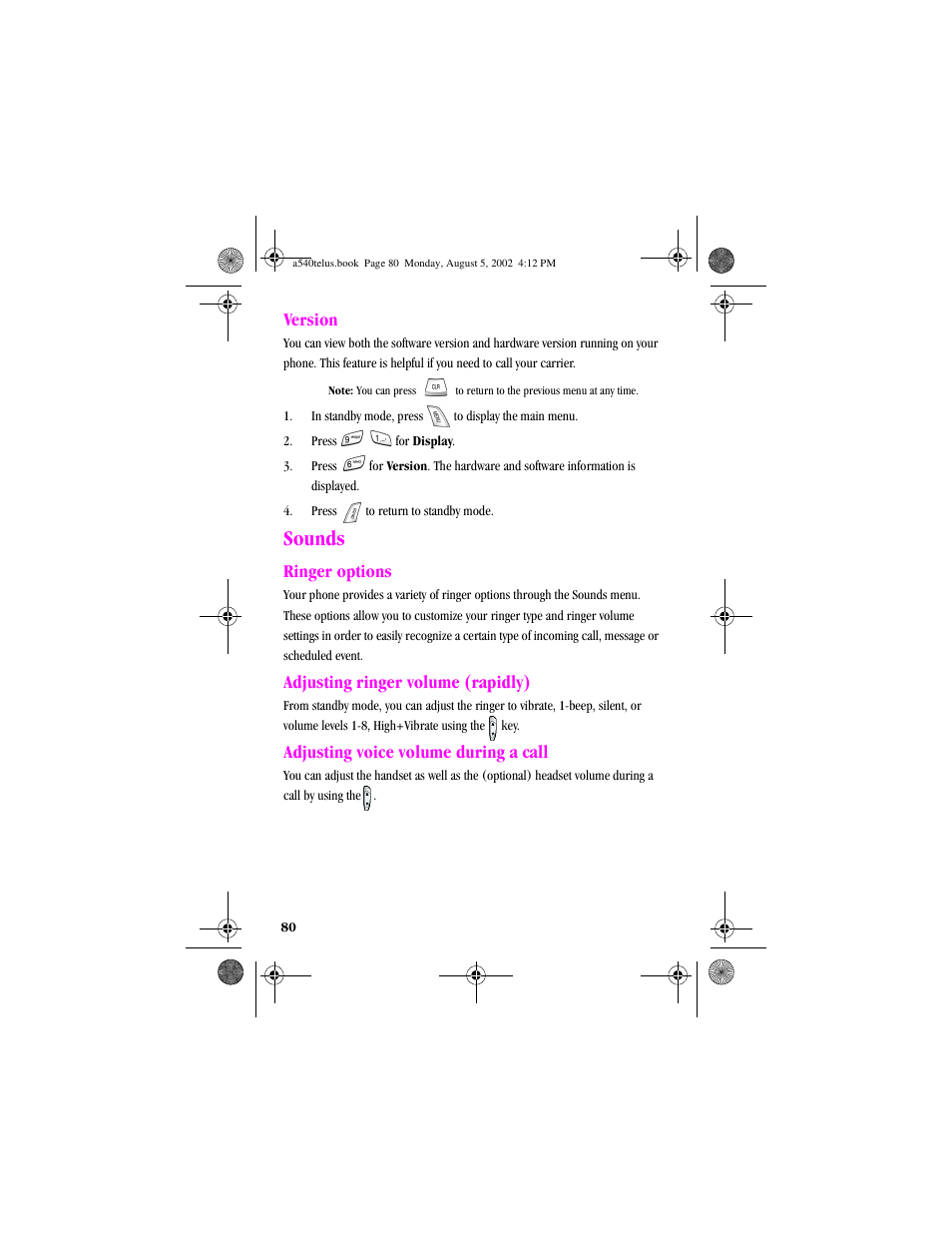 Heading2 - version, Numbered last - 4. press to return to standby mode, Heading1 - sounds | Heading2 - ringeroptions, Heading2 - adjusting ringer volume (rapidly), Heading2 - adjusting voice volume during a call, Version, Sounds, Ringer options, Adjusting ringer volume (rapidly) | Samsung SPH-A540 User Manual | Page 80 / 124