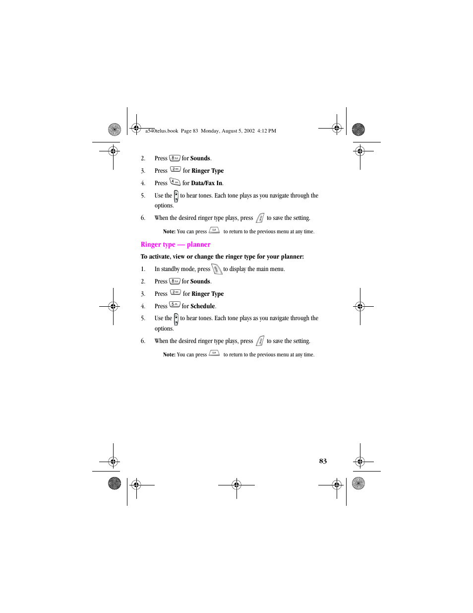 Ringer type — planner | Samsung SPH-A540 User Manual | Page 83 / 124