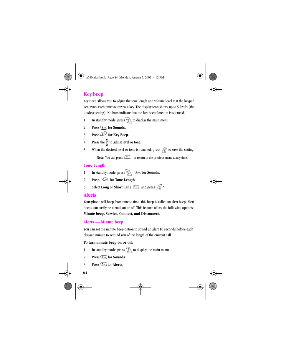 Heading2 - key beep, Heading2 - alerts, Key beep | Tone length, Alerts, Alerts — minute beep | Samsung SPH-A540 User Manual | Page 84 / 124