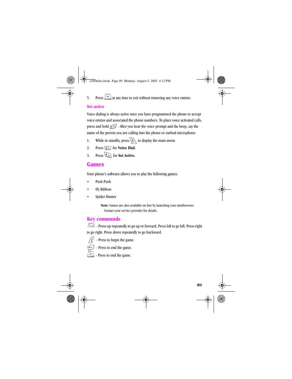 Numbered last - 3. press for set active, Heading1 - games, Heading2 - key commands | Body2 - - press to begin the game, Body2 - - press to end the game, Set active, Games, Key commands | Samsung SPH-A540 User Manual | Page 89 / 124