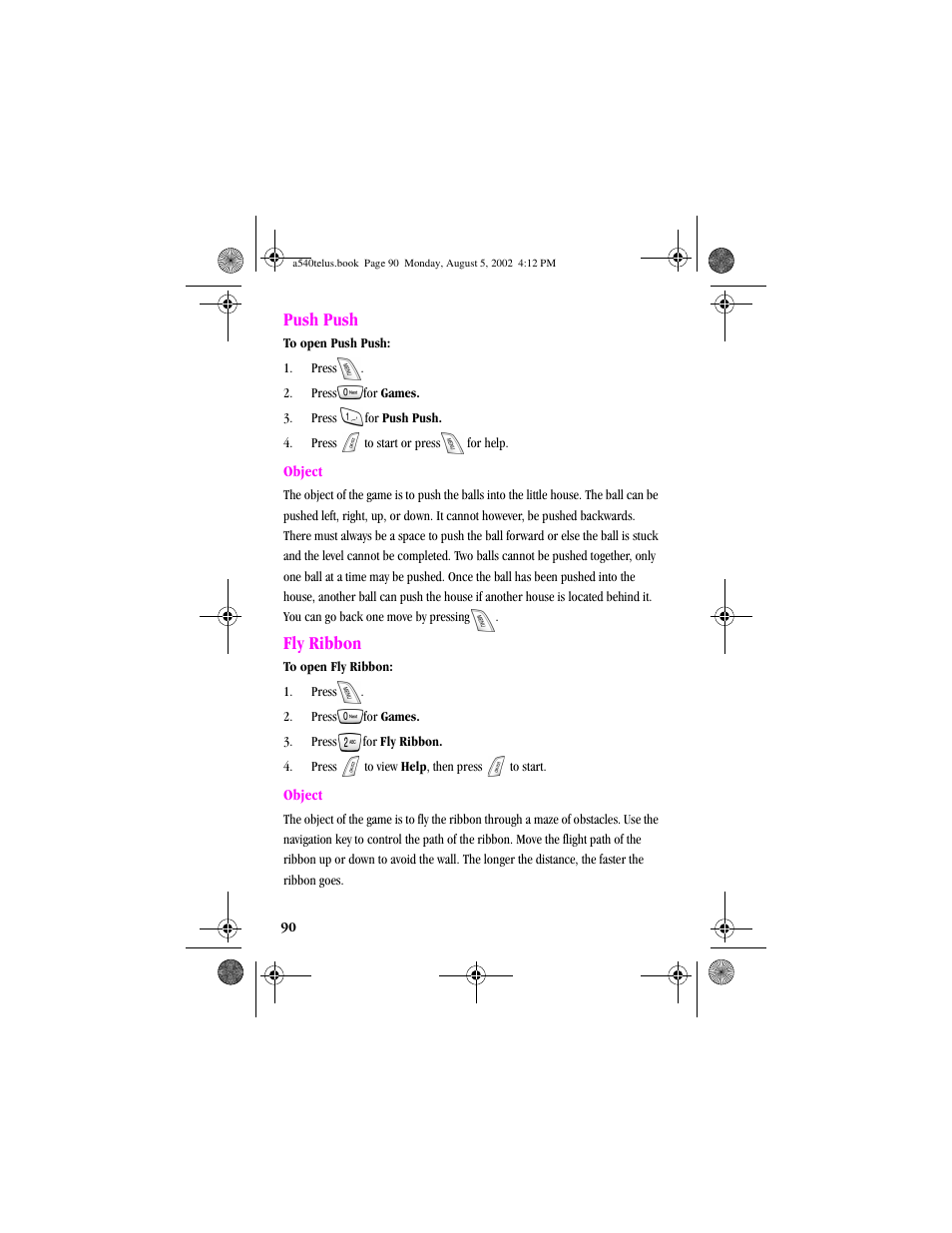 Heading2 - push push, Heading2 - fly ribbon, Push push | Object, Fly ribbon | Samsung SPH-A540 User Manual | Page 90 / 124
