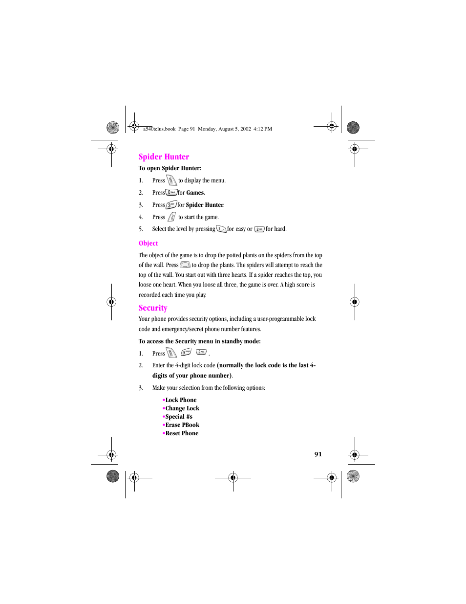 Heading2 - spider hunter, Heading2 - security, Spider hunter | Object, Security | Samsung SPH-A540 User Manual | Page 91 / 124