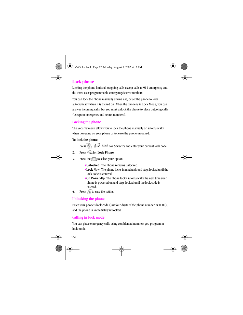 Heading2 - lock phone, Lock phone | Samsung SPH-A540 User Manual | Page 92 / 124