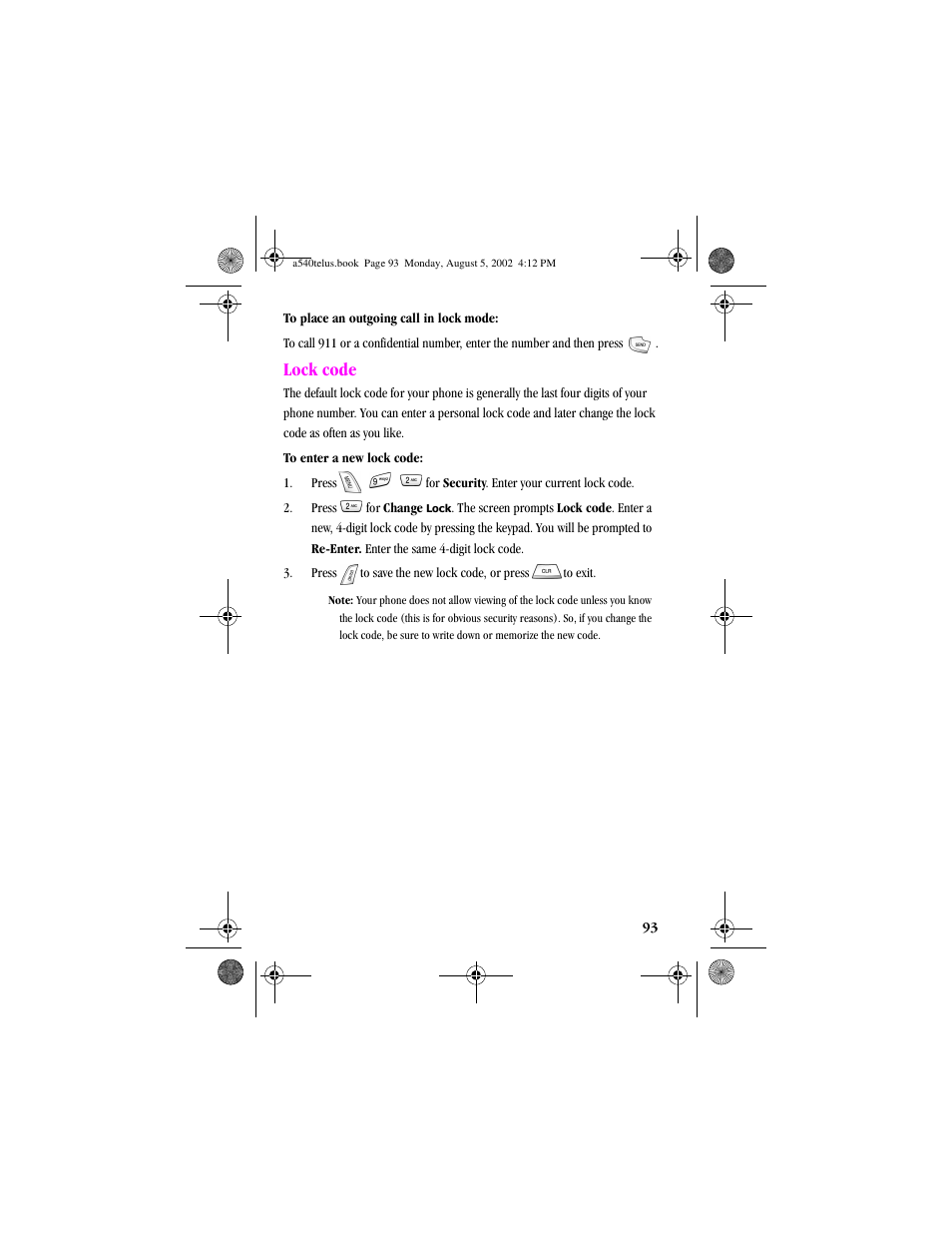 Heading2 - lock code, Lock code | Samsung SPH-A540 User Manual | Page 93 / 124