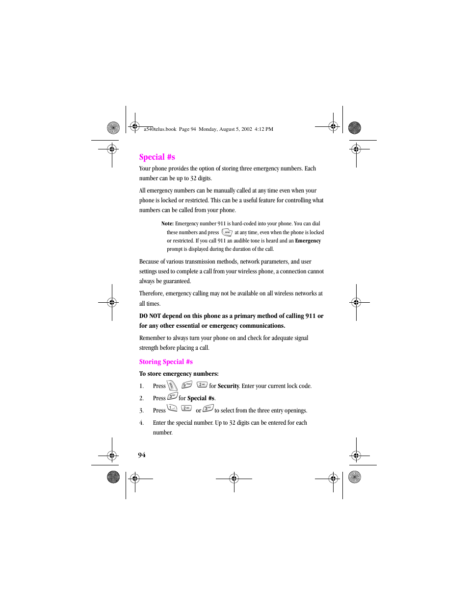 Heading2 - special #s, Special #s, Storing special #s | Samsung SPH-A540 User Manual | Page 94 / 124