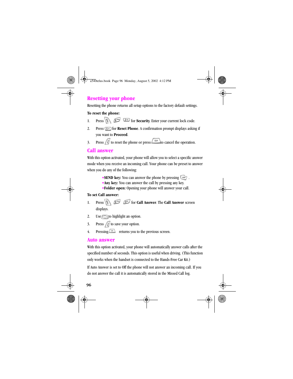 Heading2 - resetting your phone, Heading2 - call answer, Heading2 - auto answer | Resetting your phone call answer auto answer, Resetting your phone, Call answer, Auto answer | Samsung SPH-A540 User Manual | Page 96 / 124