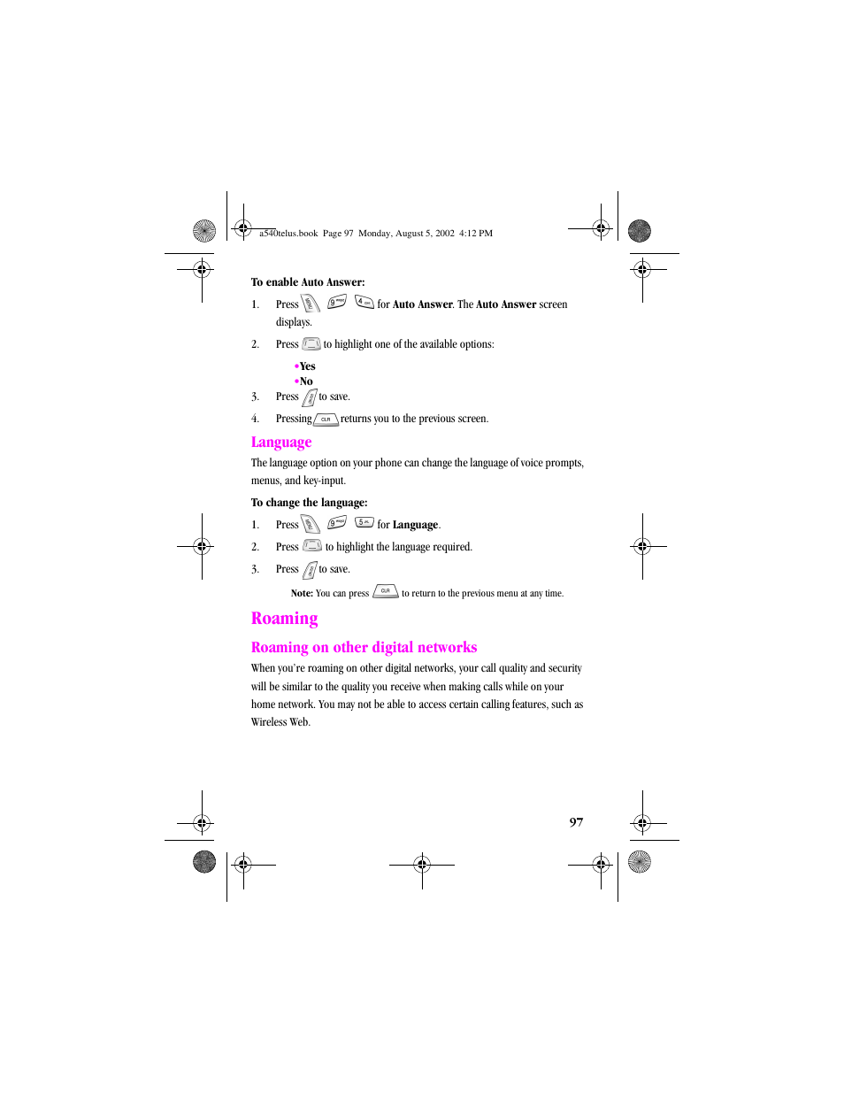 Heading2 - language, Numbered last - 3. pressto save, Heading1 - roaming | Heading2 - roaming on other digital networks, Language, Roaming, Roaming on other digital networks | Samsung SPH-A540 User Manual | Page 97 / 124