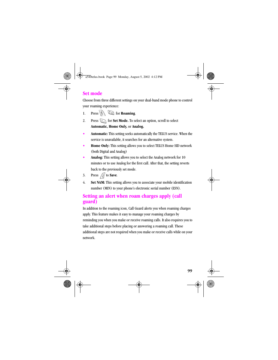 Heading2 - set mode, Set mode | Samsung SPH-A540 User Manual | Page 99 / 124