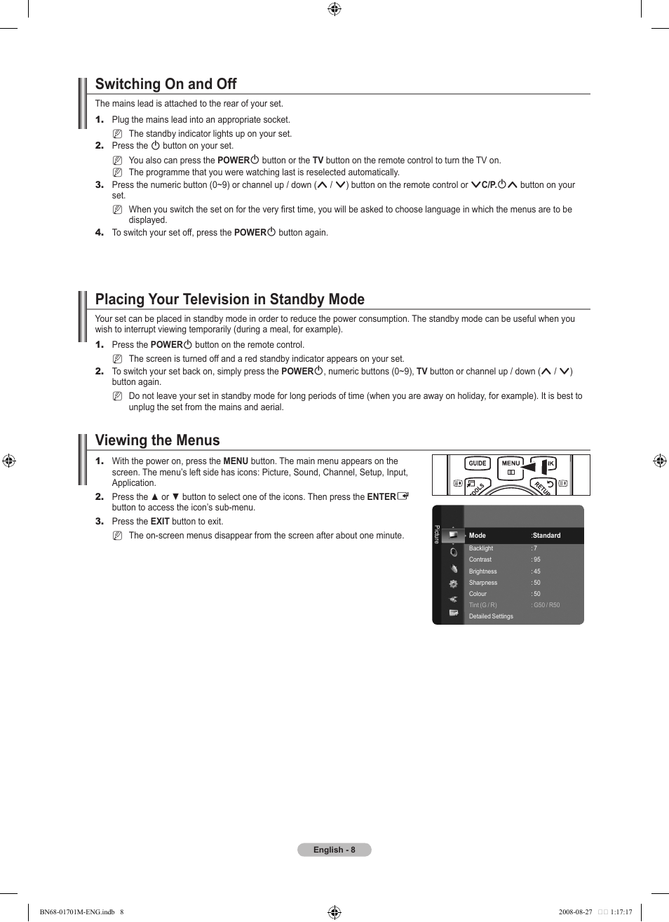 Switching on and off, Placing your television in standby mode, Viewing the menus | Samsung BN68-01701M-00 User Manual | Page 10 / 64