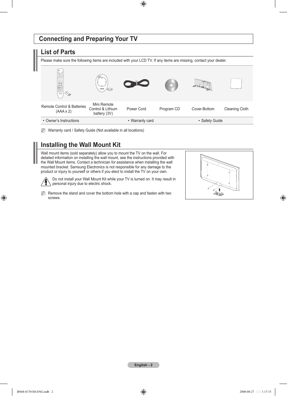 Connecting and preparing your tv, List of parts, Installing the wall mount kit | Samsung BN68-01701M-00 User Manual | Page 4 / 64